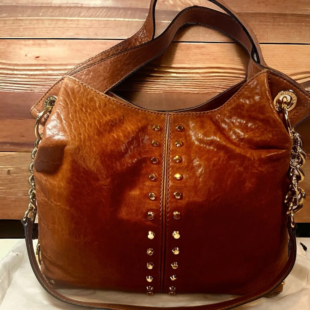 Vintage Michael Kors Vintage Cognac Brown Leather Gold Studs and Chain C… - Picture 1 of 12